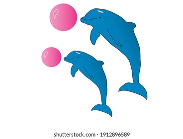 Two dolphins jumping to play a pink ball