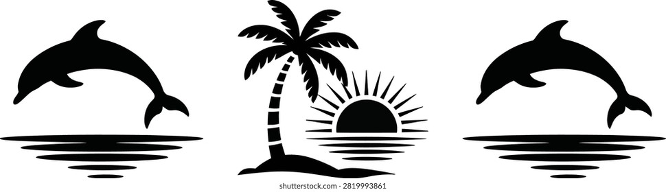 Two dolphins jumping at sunset by a palm tree on the beach