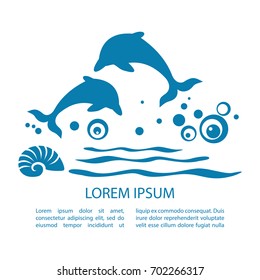 Two dolphins jumping and text frame. Design element for template.