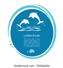 Two dolphins jumping and text frame. Design element for template.