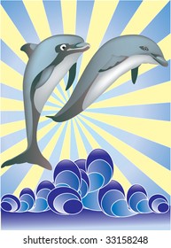 Two dolphins jumping from water