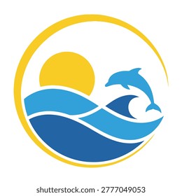 Two dolphins leap out of blue ocean waves under a vibrant yellow sunset, evoking freedom and joy.