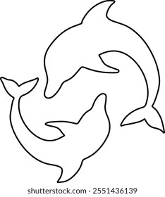 Two dolphins in a linear sketch style. Vector illustration on a transparent background.