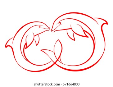 Two dolphins looking at each other. Linear vector illustration.
