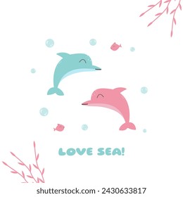 Dos delfines enamorados en estilo kawaii. Ilustración de mamíferos marinos, peces, algas, bulbos. Me encanta el mar, la fauna y el mundo submarino. Vector eps 10.