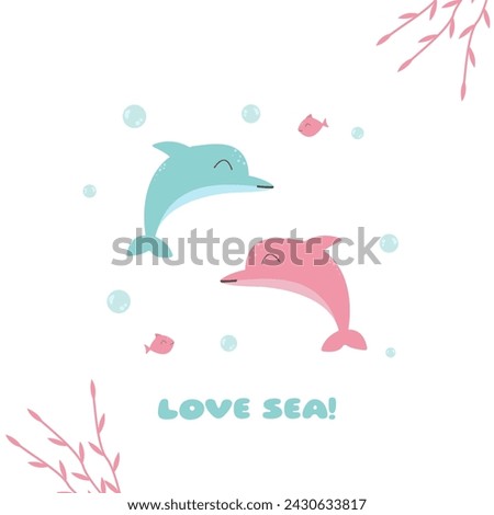 Two dolphins in love in kawaii style. Illustration of marine mammals, fish, algae, bulbs. I love the sea, fauna, and the underwater world. Vector eps 10.