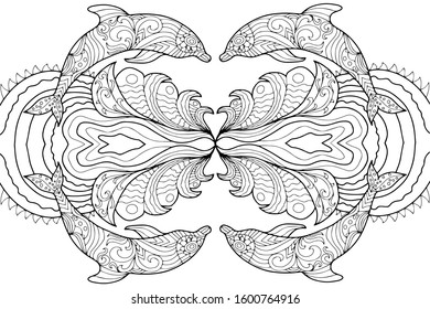 two dolphins on the waves drawn by hand on a white background for coloring, vector illustrations