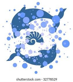 Two dolphins on a white background with dots.