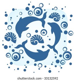 Two dolphins on a white background with dots.