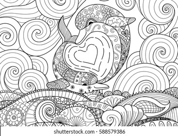 Two dolphins playing in beautiful ocean for coloring book