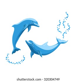 Two dolphins playing in the sea. Vector illustration. Isolated on white.