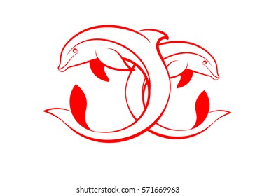 Two dolphins with red fins looking in different directions. Linear vector illustration.