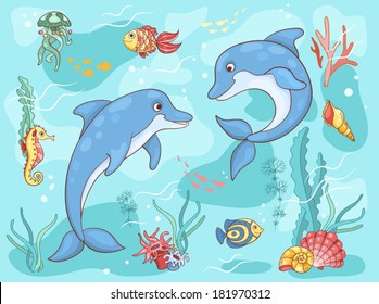 Two dolphins in the sea. Vector cartoon illustration.