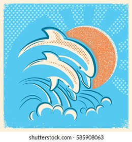 Two dolphins and sun.Vector retro illustration of parent and baby dolphin swimming underwater on old paper