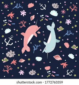 two dolphins swim among shells and fish