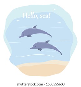 two dolphins swim in the sea. vector illustration. summer beach, ocean shore. Hello, sea!