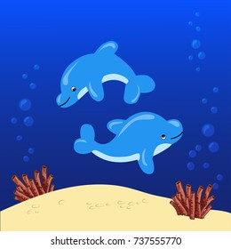 Two dolphins swim undersea with sands, bubbles and coral background. Cartoon vector illustration