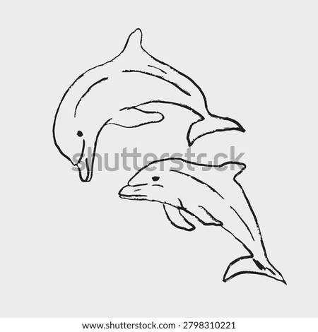 Two dolphins swimming. Marine summer beach vacation concept, ocean aquarium and eco-tourism. Hand drawn vector sketch illustration in vintage crayon charcoal style