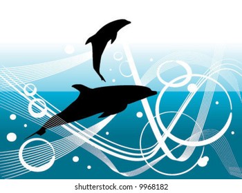 two dolphins swimming in vector ocean