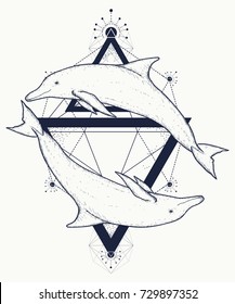 Two dolphins tattoo. Adventure, travel, outdoors symbols 