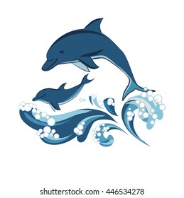 two dolphins and waves, vector illustration