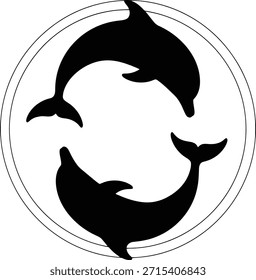 Ilustración vectorial de silueta circular de dos delfines Yin Yang para armonía y símbolos de vida marina.
