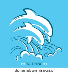 Two dolphins.Vector symbol  illustration of parent and baby dolphin swimming underwater