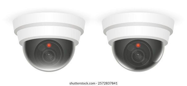 Two dome security cameras with red indicator lights. Digital illustration isolated on white background. Surveillance and monitoring concept for design and print