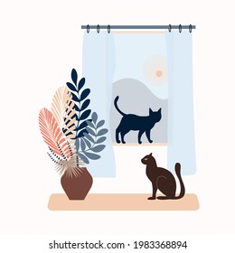 Two domestic cats by the window, a pot with domestic plants, cute drawing, clipart. Hand drawn. Concept, minimalism, vector illustration 