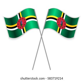 Two Dominican crossed flags. Combined Dominica isolated on white. Language learning, international business or travel concept.