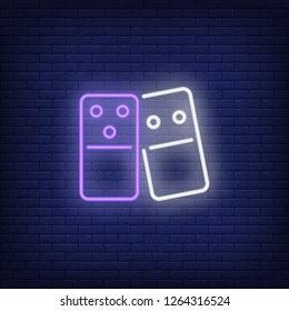 Two dominoes tiles neon sign. Board game and recreation design element. Night bright neon sign, colorful billboard, light banner. Vector illustration in neon style.