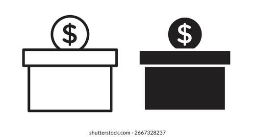 Two donation box icons: one line art, one solid black. Each shows a coin with a dollar sign on top.