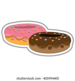 Two donuts with chocolate fudge and strawberry. Color illustration of desserts and pastries.