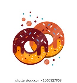 Two donuts with colorful sprinkles, caramel and chocolate glaze. Delicious and sweet dessert. Food for breakfast. Flat vector