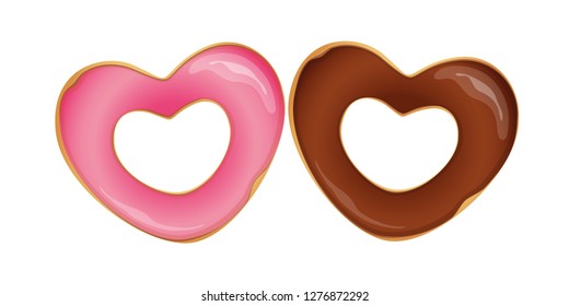 two donuts in heart shaped with chocolate and pink glaze vector illustration EPS10