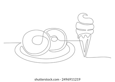 Two donuts and ice cream. Fast food concept one-line drawing