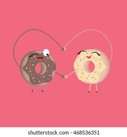 two donuts make heart shape funny cartoon characters of food