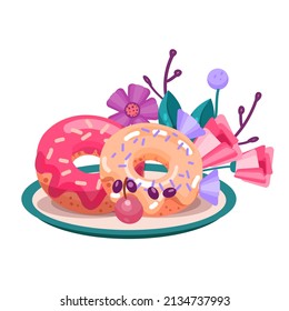 Two donuts on plate with glaze, fruits, berries and flowers.  Vector illustration for your own design: food business, postcard, wallpaper, poster.