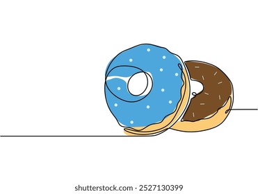 Two donuts in one continuous line drawing. Minimalist design for desserts and celebrations. Simplified hand-drawn illustration for sweet indulgence.
