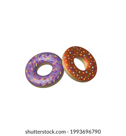 Dos donuts con acristalamiento naranja y violeta. Icono isométrico de donut, ilustración vectorial en estilo plano