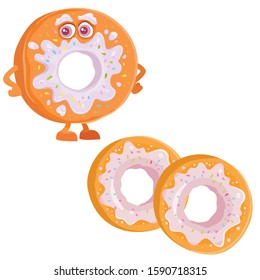 two donuts with pink icing and a donut character, isolated object on white background, vector illustration