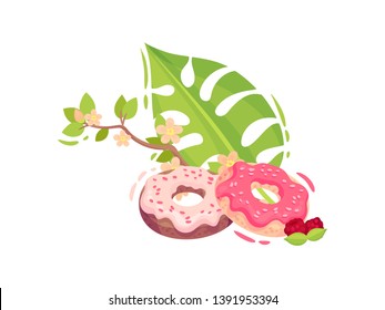 Two donuts in pink icing sprinkled with chips. Vector illustration on white background.
