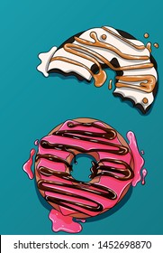 Two donuts vector, cute cookies, pink and white cakes with caramel and chocolate. Delicious, sweet illustration, sugar, frosting and syrup drawing. Glaze melting on the table, tasty dessert