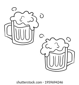 Two doodle beer mugs with foam. Black and white vector icon.