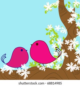 Two doodle birds in a blossom tree, spring background card