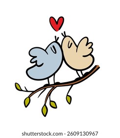 Two doodle  birds in love are sitting on a branch in the forest. Romantic vector illustration of wild animals in a garden. Cartoon pet creates a family.