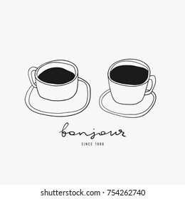 Two doodle coffee cups. Hand drawn vector illustration for cafe and kitchen