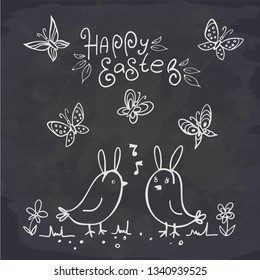 Two doodle easter chick, rabbit ears, butterfly, flower on chalkboard. Happy Easter. Vector illustration. Spring holiday card. Perfect for greeting card, invitation, postcard, print.