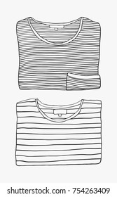 Two doodle folded striped t-shirts line art. Fashion hand drawn vector illustration