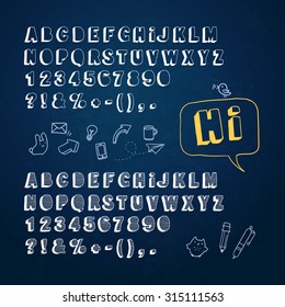 Two doodle fonts and some doodle decorative objects on textured chalkboard. Vector